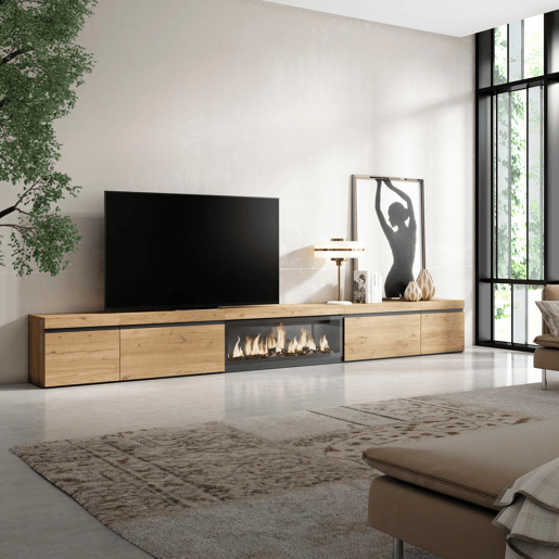 Móvel de TV, Muito espaço de arrumação, 368x35x45cm Lareira eléctrica XXL, Estilo moderno, Carvalho