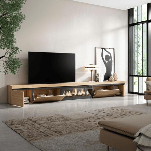 Móvel de TV, Muito espaço de arrumação, 368x35x45cm Lareira eléctrica XXL, Estilo moderno, Carvalho