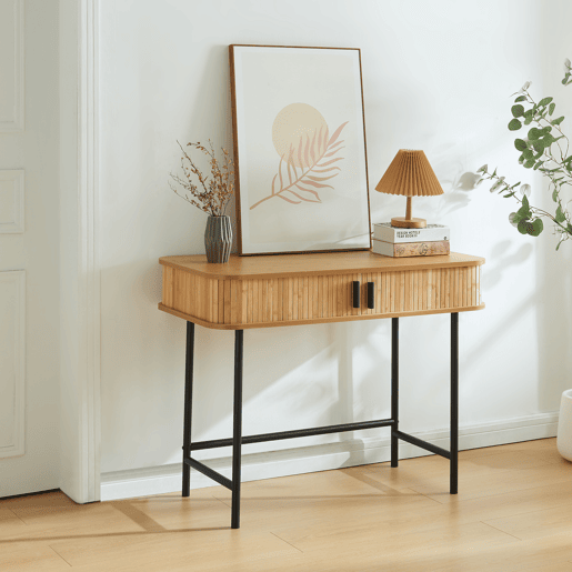 Mesa de consola Tvedestrand com portas de bambu 100x50x76cm - Efeito madeiraPreto en.casa