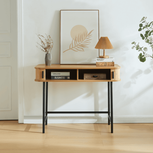 Mesa de consola Tvedestrand com portas de bambu 100x50x76cm - Efeito madeiraPreto en.casa