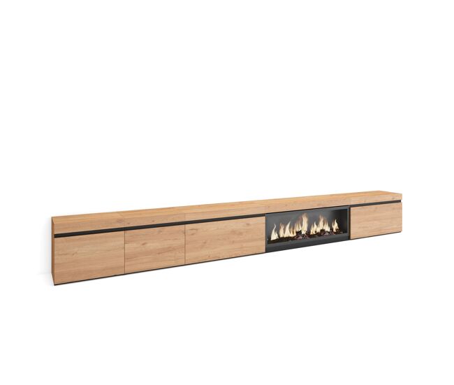 Mueble tv, televisión, muebles de salón, almacenaje, 368x35x45cm, chimenea eléctrica xxl, estilo moderno, roble