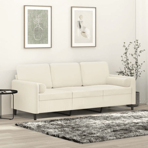 vidaXL Sofá 3 lugares c almofadas decorativas 180 cm veludo creme