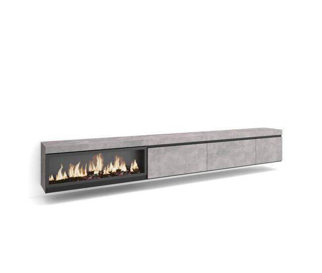 Mueble tv, televisión, muebles de salón, almacenaje, 317x35x45cm, chimenea eléctrica xxl, colgado, suspendido, estilo moderno, cemento