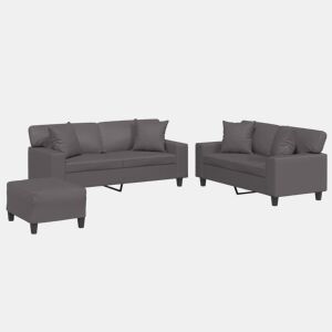vidaXL 3 pcs conjunto de sofás com almofadas couro artificial cinzento