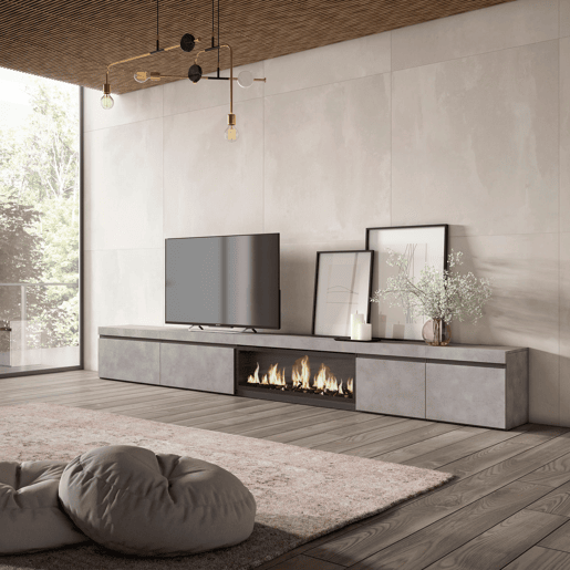 Móvel de TV, Muito espaço de arrumação, 368x35x45cm Lareira eléctrica XXL, Estilo moderno, Cimento Móvel de TV, Muito espaço de arrumação, 368x35x45cm Lareira eléctrica XXL, Estilo moderno, Cimento