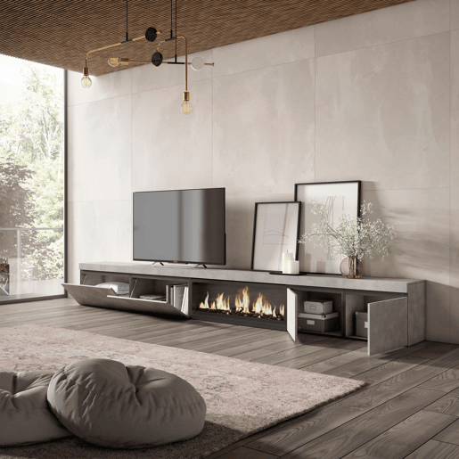 Móvel de TV, Muito espaço de arrumação, 368x35x45cm Lareira eléctrica XXL, Estilo moderno, Cimento Móvel de TV, Muito espaço de arrumação, 368x35x45cm Lareira eléctrica XXL, Estilo moderno, Cimento