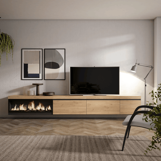 Móvel de TV, Muito espaço de arrumação, 317x35x45cm, Lareira eléctrica XXL, Suspensos, Estilo moderno, Carvalho