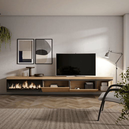 Móvel de TV, Muito espaço de arrumação, 317x35x45cm, Lareira eléctrica XXL, Suspensos, Estilo moderno, Carvalho