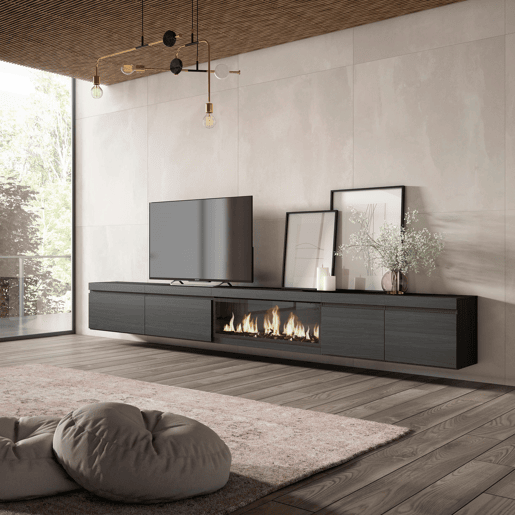 Móvel de TV, Muito espaço de arrumação, 368x35x45cm Lareira eléctrica XXL, Suspensos, Suspensos, Estilo moderno, Preto Móvel de TV, Muito espaço de arrumação, 368x35x45cm Lareira eléctrica XXL, Suspensos, Suspensos, Estilo moderno, Preto