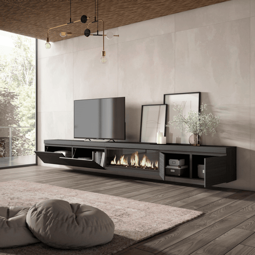 Móvel de TV, Muito espaço de arrumação, 368x35x45cm Lareira eléctrica XXL, Suspensos, Suspensos, Estilo moderno, Preto Móvel de TV, Muito espaço de arrumação, 368x35x45cm Lareira eléctrica XXL, Suspensos, Suspensos, Estilo moderno, Preto