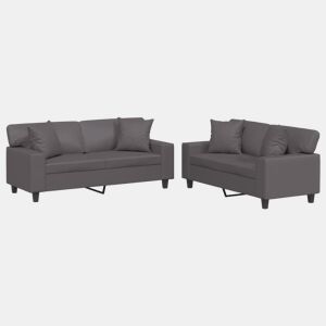 vidaXL 2 pcs conjunto de sofás com almofadas couro artificial cinzento