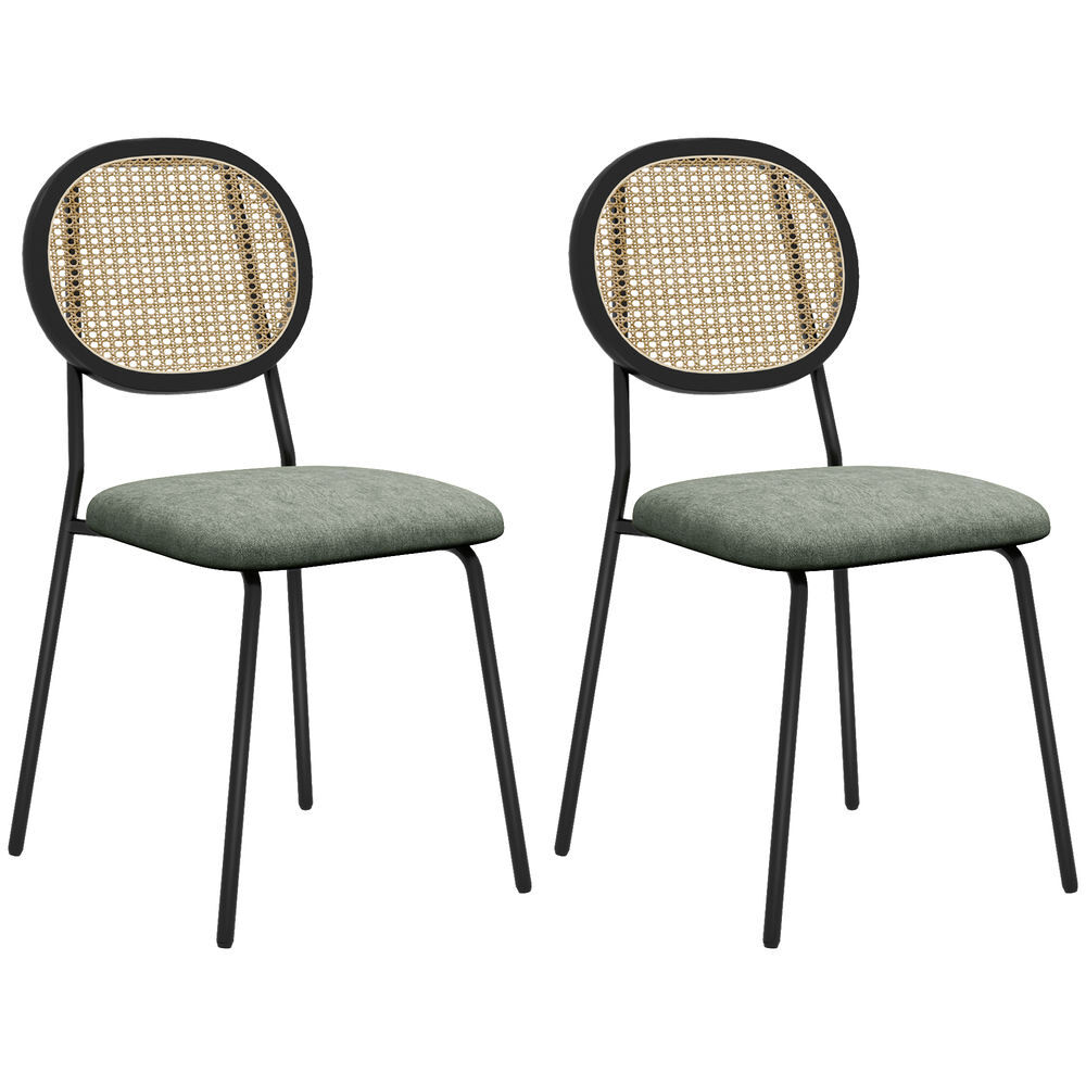 Homcom pack de 2 sillas de comedor sillas de cocina con respaldo de ratán sintético y marco de acero para salón 44x54x87 cm verde oscuro y negro