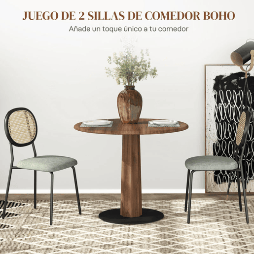 HOMCOM Conjunto de 2 Cadeiras de Sala de Jantar Cadeiras de Cozinha com Encosto em Vime Sintético e Estrutura de Aço para Sala de Jantar 44x54x87 cm Verde Escuro e Preto