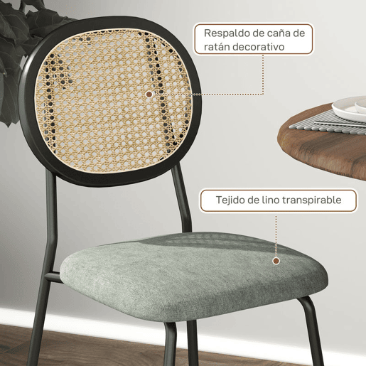 HOMCOM Conjunto de 2 Cadeiras de Sala de Jantar Cadeiras de Cozinha com Encosto em Vime Sintético e Estrutura de Aço para Sala de Jantar 44x54x87 cm Verde Escuro e Preto