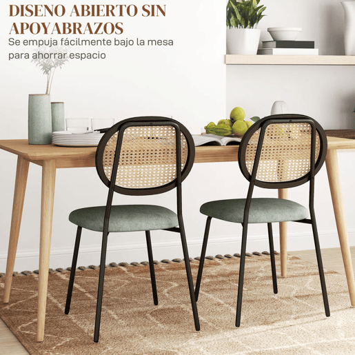 HOMCOM Conjunto de 2 Cadeiras de Sala de Jantar Cadeiras de Cozinha com Encosto em Vime Sintético e Estrutura de Aço para Sala de Jantar 44x54x87 cm Verde Escuro e Preto