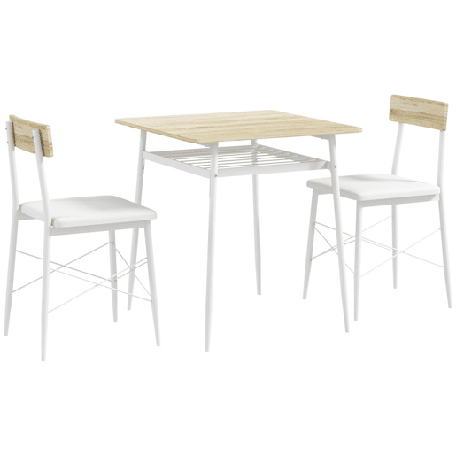 HOMCOM Conjunto de Refeição de 3 Peças Conjunto 1 Mesa de Cozinha 70x70x75 cm e 2 Cadeiras 40x50x80 cm com Prateleira de Armazenamento e Estrutura de Aço Branco e Madeira