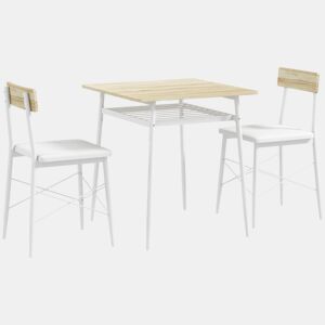 HOMCOM Conjunto de Refeição de 3 Peças Conjunto 1 Mesa de Cozinha 70x70x75 cm e 2 Cadeiras 40x50x80 cm com Prateleira de Armazenamento e Estrutura de Aço Branco e Madeira