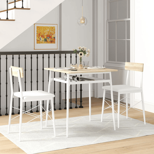 HOMCOM Conjunto de Refeição de 3 Peças Conjunto 1 Mesa de Cozinha 70x70x75 cm e 2 Cadeiras 40x50x80 cm com Prateleira de Armazenamento e Estrutura de Aço Branco e Madeira