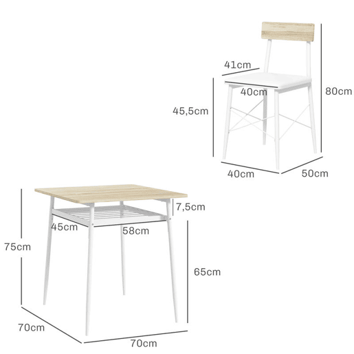 HOMCOM Conjunto de Refeição de 3 Peças Conjunto 1 Mesa de Cozinha 70x70x75 cm e 2 Cadeiras 40x50x80 cm com Prateleira de Armazenamento e Estrutura de Aço Branco e Madeira