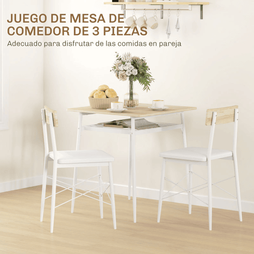 HOMCOM Conjunto de Refeição de 3 Peças Conjunto 1 Mesa de Cozinha 70x70x75 cm e 2 Cadeiras 40x50x80 cm com Prateleira de Armazenamento e Estrutura de Aço Branco e Madeira