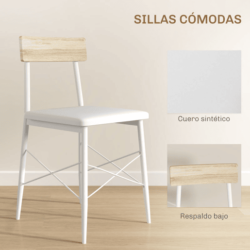 HOMCOM Conjunto de Refeição de 3 Peças Conjunto 1 Mesa de Cozinha 70x70x75 cm e 2 Cadeiras 40x50x80 cm com Prateleira de Armazenamento e Estrutura de Aço Branco e Madeira