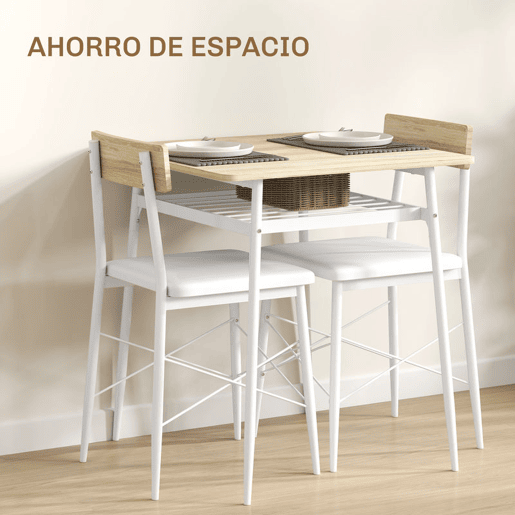 HOMCOM Conjunto de Refeição de 3 Peças Conjunto 1 Mesa de Cozinha 70x70x75 cm e 2 Cadeiras 40x50x80 cm com Prateleira de Armazenamento e Estrutura de Aço Branco e Madeira