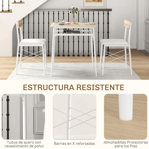 HOMCOM Conjunto de Refeição de 3 Peças Conjunto 1 Mesa de Cozinha 70x70x75 cm e 2 Cadeiras 40x50x80 cm com Prateleira de Armazenamento e Estrutura de Aço Branco e Madeira