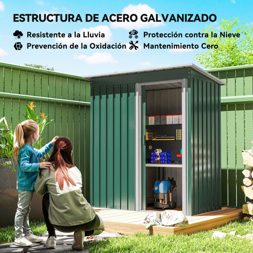 Outsunny Abrigo de Jardim Exterior 1,5 m² 163x89x182 cm Abrigo Metálico para Ferramentas com Porta de Correr e Teto Inclinado para Pátio Verde