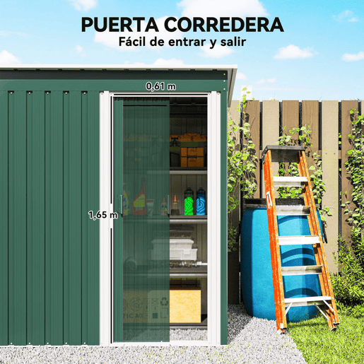 Outsunny Abrigo de Jardim Exterior 1,5 m² 163x89x182 cm Abrigo Metálico para Ferramentas com Porta de Correr e Teto Inclinado para Pátio Verde