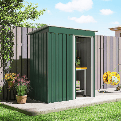 Outsunny Abrigo de Jardim Exterior 1,5 m² 163x89x182 cm Abrigo Metálico para Ferramentas com Porta de Correr e Teto Inclinado para Pátio Verde