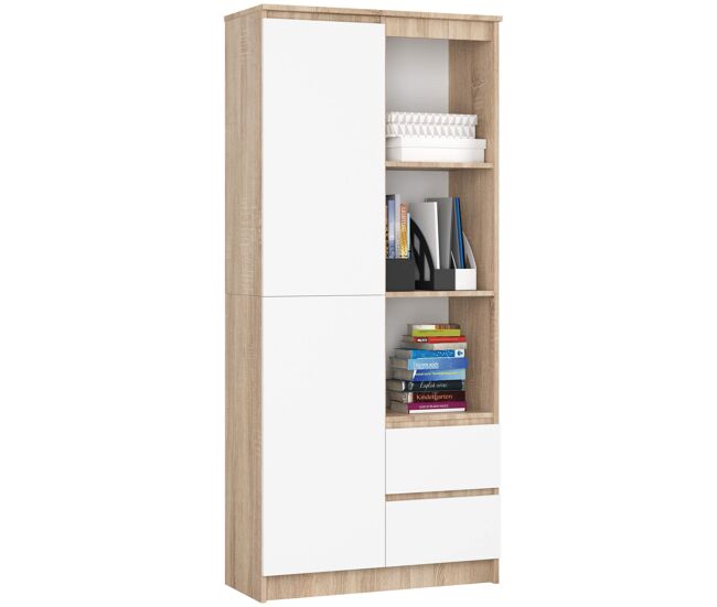 Librería akord r11 roble sonoma 80 cm 1 puerta 2 cajones frente en color blanco 7 estantes 80x35x180 cm