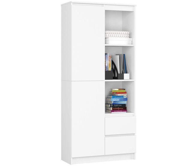 Librería akord r11 blanco 80 cm 1 puerta 2 cajones frente en color blanco 7 estantes 80x35x180 cm