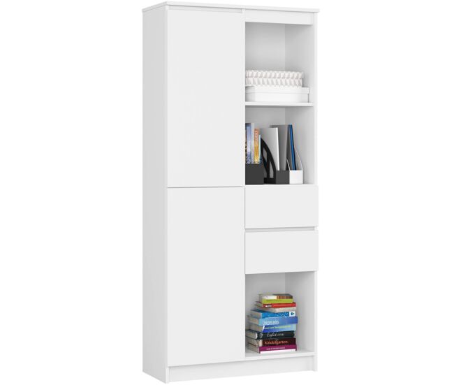 Librería akord r15 blanco 80 cm 1 puerta 2 cajones frente en color blanco 7 estantes 80x35x180 cm