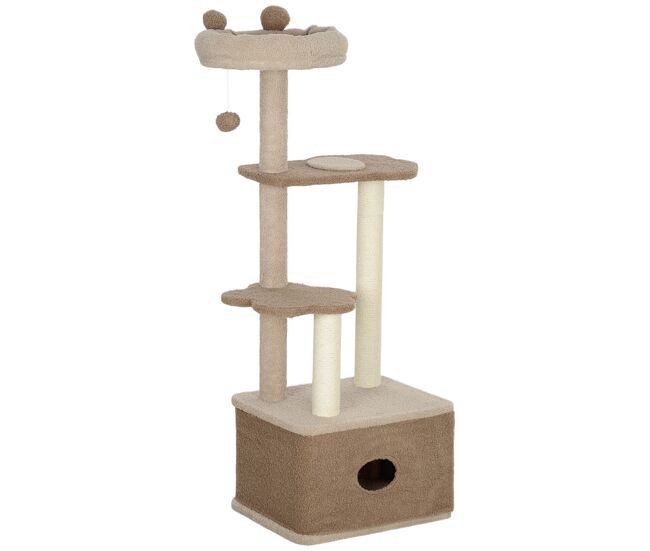 Pawhut árbol rascador para gatos altura 133 cm árbol para gatos torre para gatos con nido plataformas bola colgante y poste de yute café