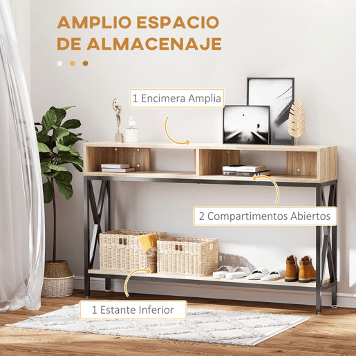 HOMCOM Móvel de Entrada Mesa Consola Estilo Industrial Vintage com 3 Prateleiras e Estrutura Metálica 120x23,5x75cm Carvalho e Preto