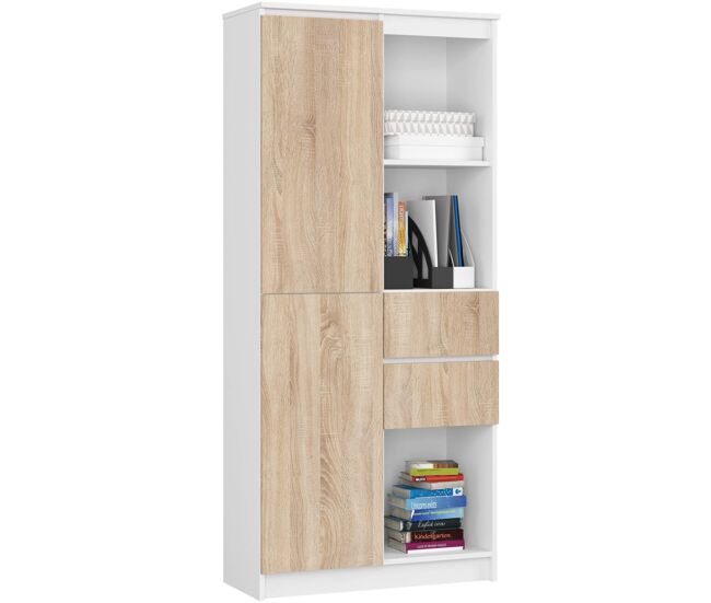 Librería akord r15 blanco 80 cm 1 puerta 2 cajones frente en color roble sonoma 7 estantes 80x35x180 cm