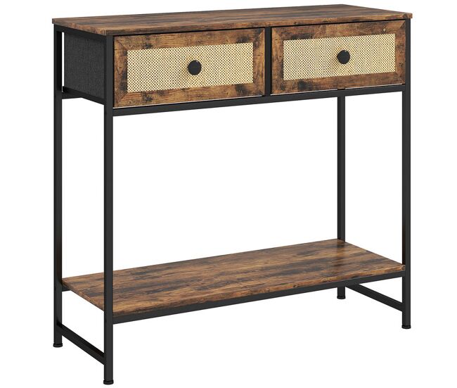 Homcom mesa consola mueble para recibidor con estante abierto y 2 cajones frontales de ratán consola para recibidor entrada pasillo 80x30x75 cm marrón rústico