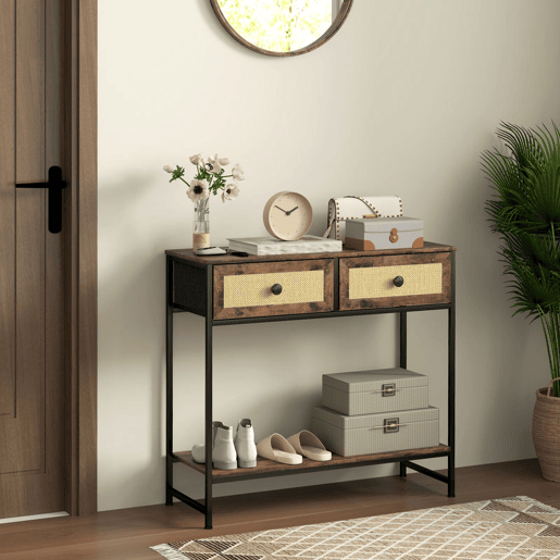 HOMCOM Mesa Consola Móvel de Entrada com Prateleira Aberta 2 Gavetas Frente em Vime Consola de Entrada Corredor 80x30x75 cm Marrom Rústico