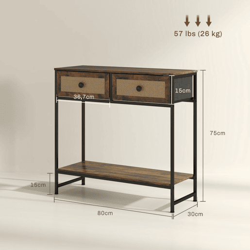 HOMCOM Mesa Consola Móvel de Entrada com Prateleira Aberta 2 Gavetas Frente em Vime Consola de Entrada Corredor 80x30x75 cm Marrom Rústico