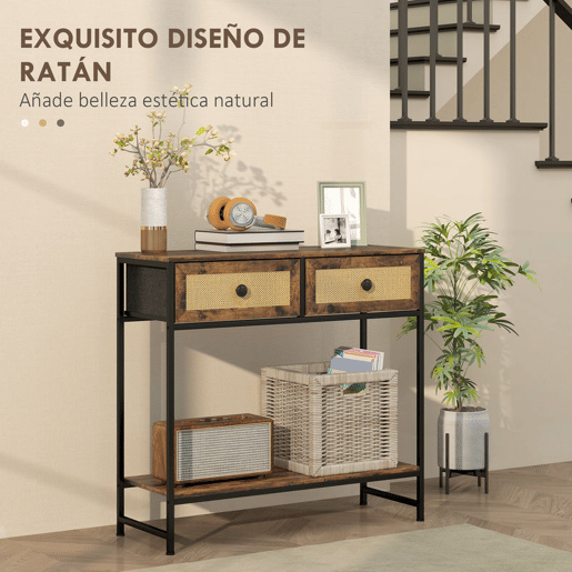 HOMCOM Mesa Consola Móvel de Entrada com Prateleira Aberta 2 Gavetas Frente em Vime Consola de Entrada Corredor 80x30x75 cm Marrom Rústico