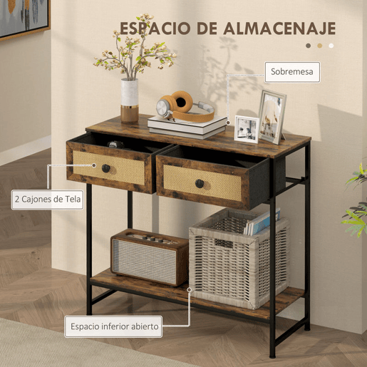 HOMCOM Mesa Consola Móvel de Entrada com Prateleira Aberta 2 Gavetas Frente em Vime Consola de Entrada Corredor 80x30x75 cm Marrom Rústico