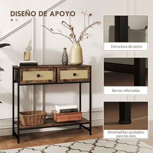 HOMCOM Mesa Consola Móvel de Entrada com Prateleira Aberta 2 Gavetas Frente em Vime Consola de Entrada Corredor 80x30x75 cm Marrom Rústico