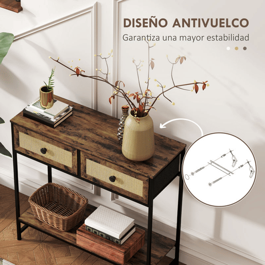 HOMCOM Mesa Consola Móvel de Entrada com Prateleira Aberta 2 Gavetas Frente em Vime Consola de Entrada Corredor 80x30x75 cm Marrom Rústico