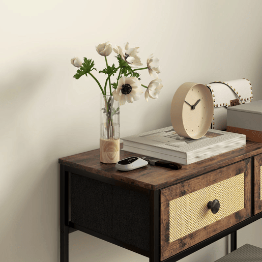 HOMCOM Mesa Consola Móvel de Entrada com Prateleira Aberta 2 Gavetas Frente em Vime Consola de Entrada Corredor 80x30x75 cm Marrom Rústico