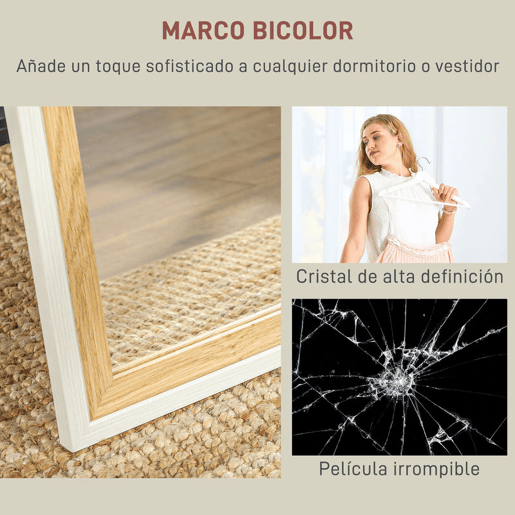 HOMCOM Espelho de Pé 37x157 cm Espelho de Corpo Inteiro com Estrutura de MDF e Suporte para Sala de Estar Dormitório Branco e Madeira Escura