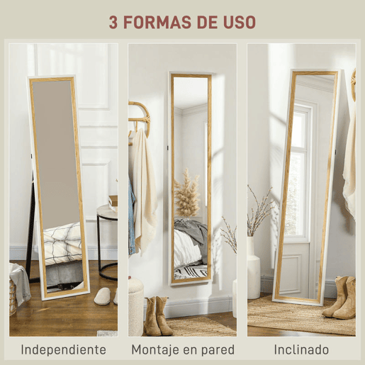 HOMCOM Espelho de Pé 37x157 cm Espelho de Corpo Inteiro com Estrutura de MDF e Suporte para Sala de Estar Dormitório Branco e Madeira Escura