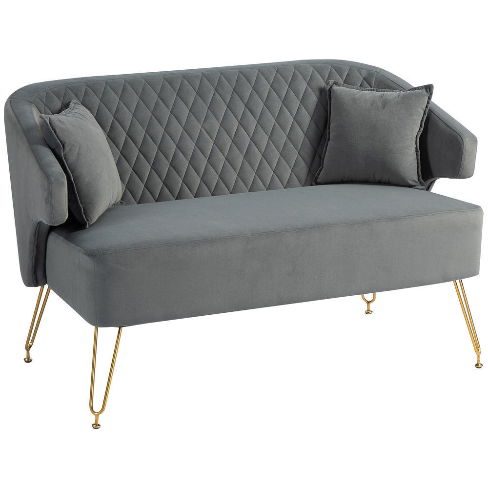 homcom sofa de 2 plazas tapizado en terciopelo sofa de salon con 2 almohadas reposabrazos y patas de acero doradas sofa pequeno carga 240 kg para dormitorio oficina 124x69x76 cm gris