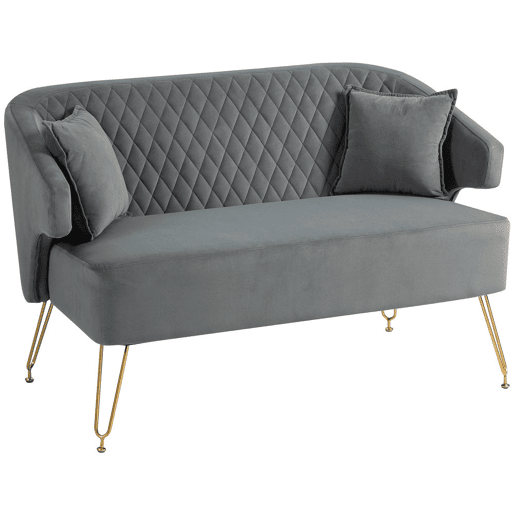 HOMCOM Sofá de 2 Lugares Estofado em Veludo Sofá Sala de Estar com 2 Almofadas Apoio para o Braço e Pés de Aço Dourado Sofá Pequeno Carga 240 kg para Dormitório Escritório 124x69x76 cm Cinza