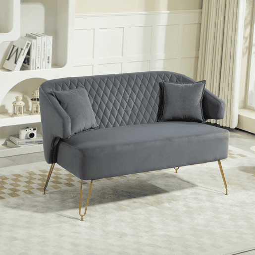 HOMCOM Sofá de 2 Lugares Estofado em Veludo Sofá Sala de Estar com 2 Almofadas Apoio para o Braço e Pés de Aço Dourado Sofá Pequeno Carga 240 kg para Dormitório Escritório 124x69x76 cm Cinza