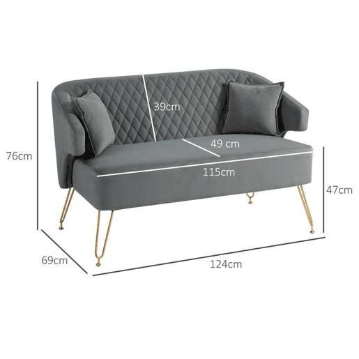 HOMCOM Sofá de 2 Lugares Estofado em Veludo Sofá Sala de Estar com 2 Almofadas Apoio para o Braço e Pés de Aço Dourado Sofá Pequeno Carga 240 kg para Dormitório Escritório 124x69x76 cm Cinza